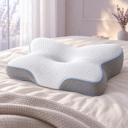 Oreiller ergonomique papillon Somnilux Luna blanc, passepoil bleu clair et côtés en maille grise